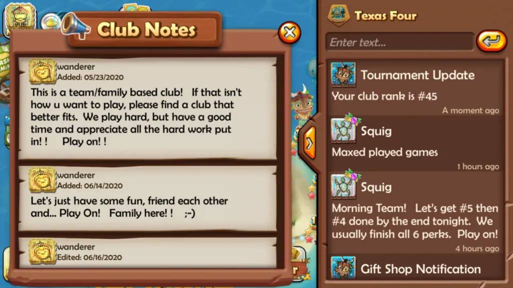 Club Notes, the in-game message board